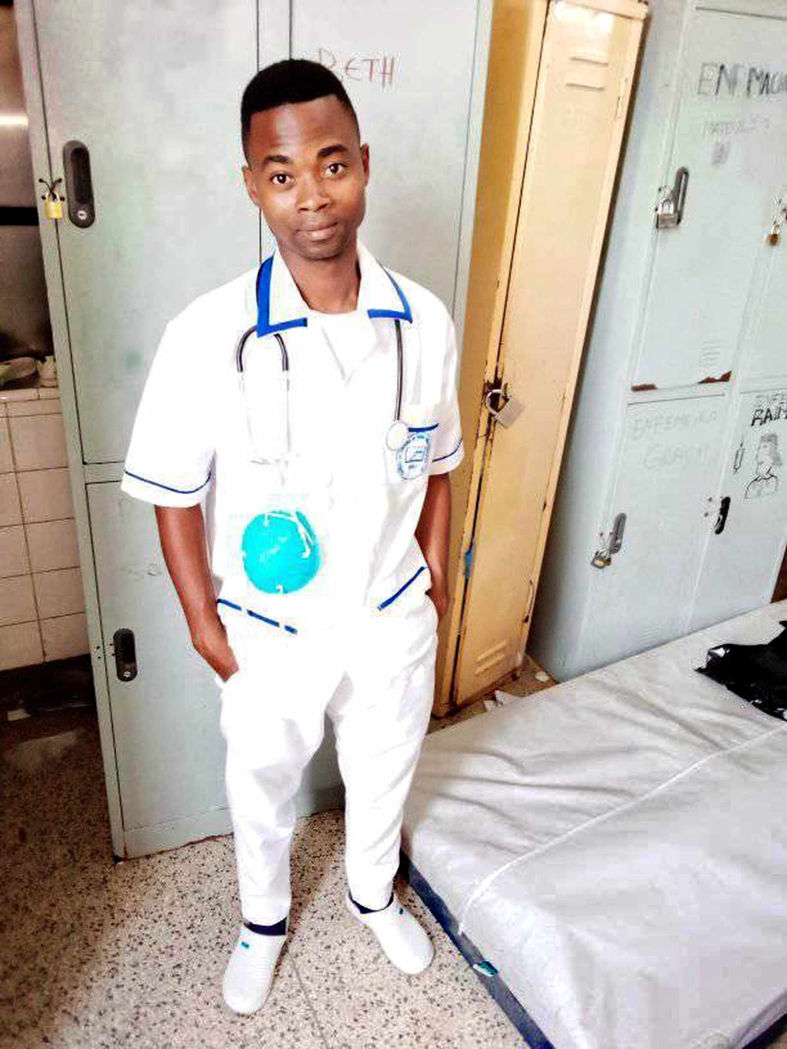 Nursing student, Lourenco, during his internship in Mozambique. He now serves on our medical team.