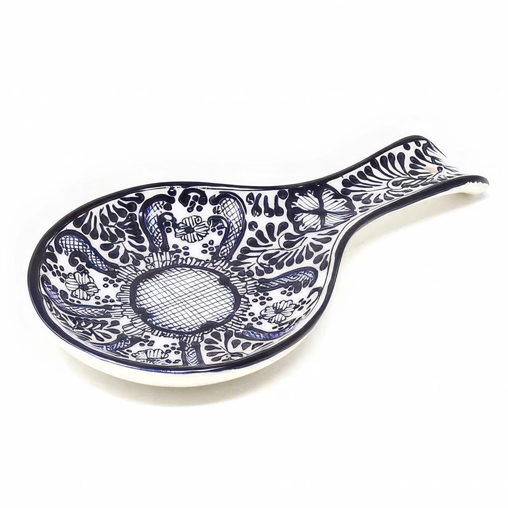 Handmade Pottery Spoon Rest, Blue Flower