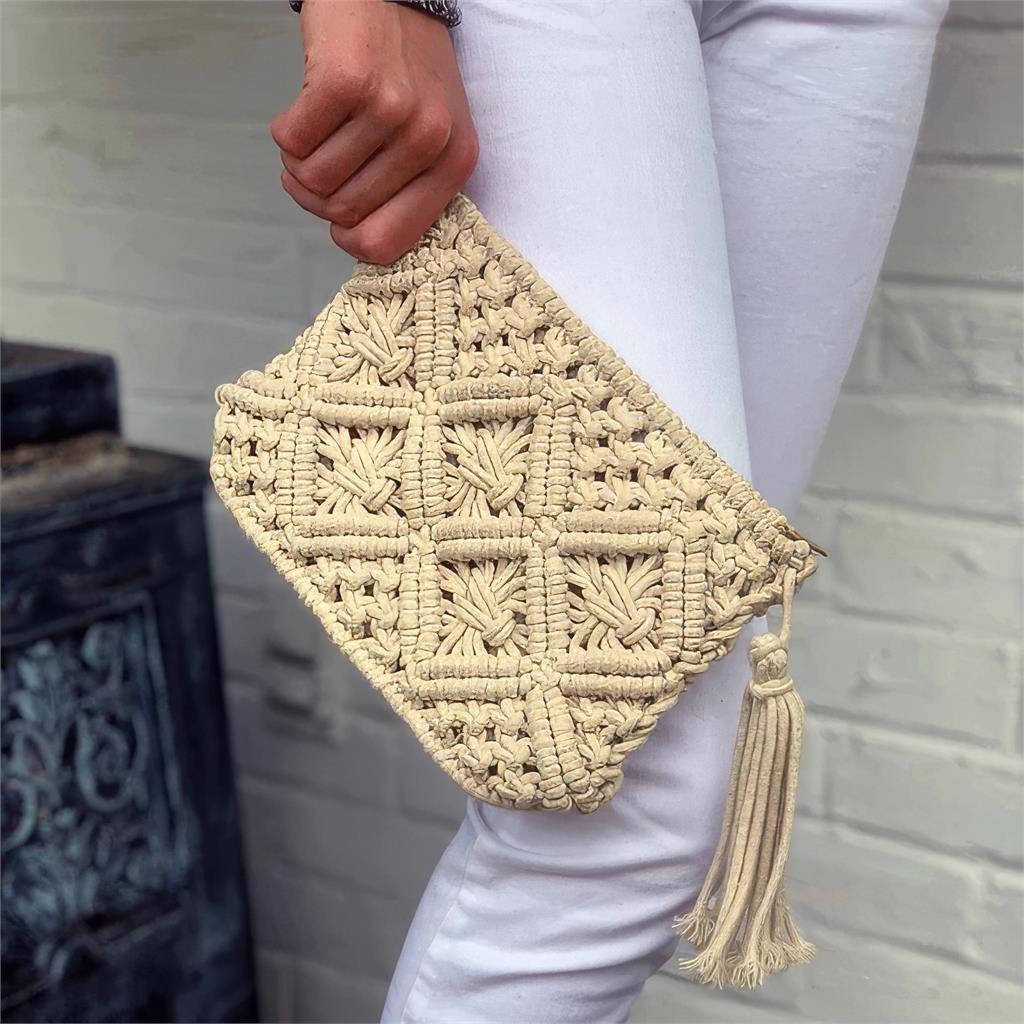 Macrame Clutch with Tassel, Cream